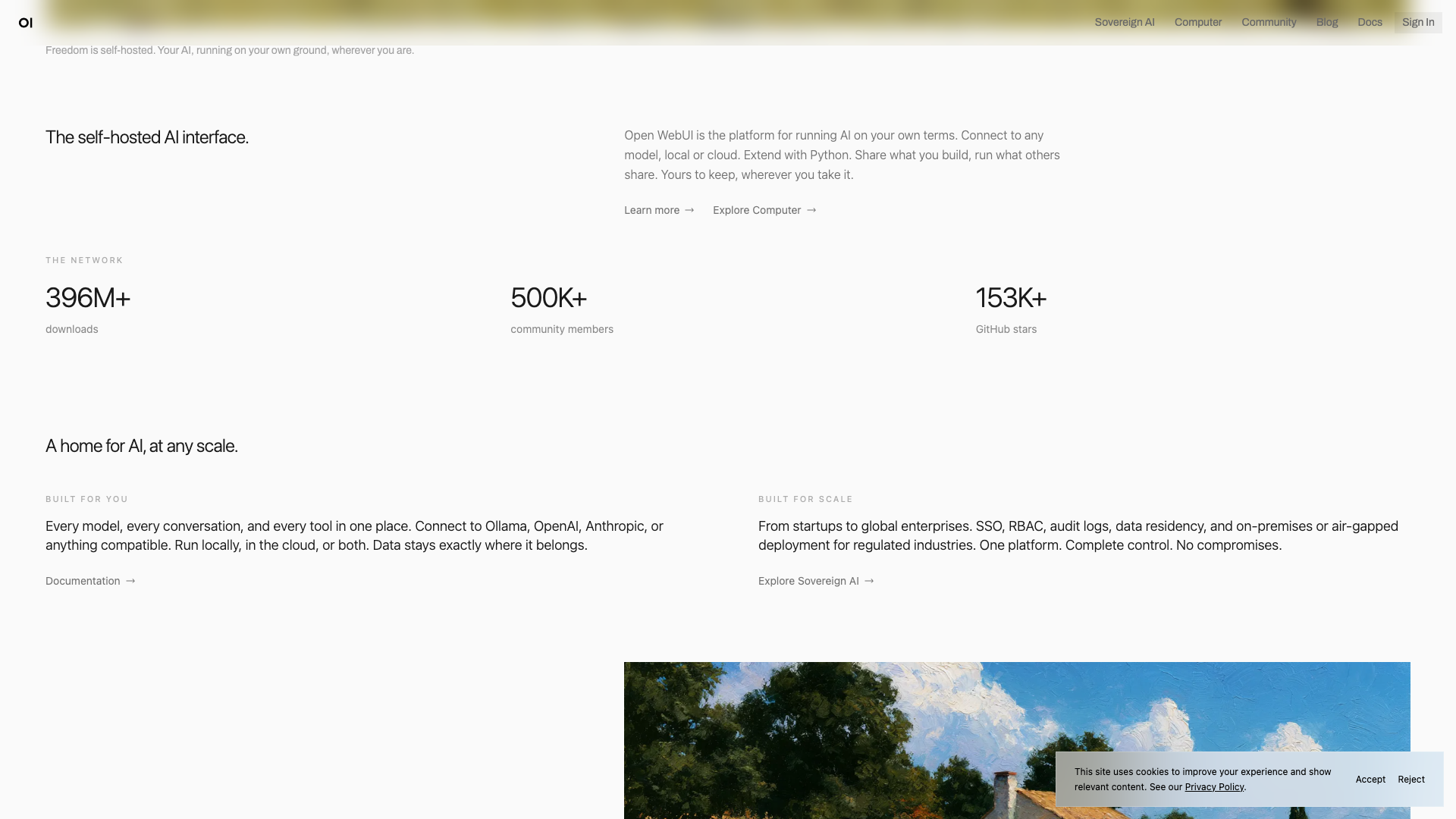 Las cifras de Open WebUI en su web: descargas, comunidad y estrellas en GitHub